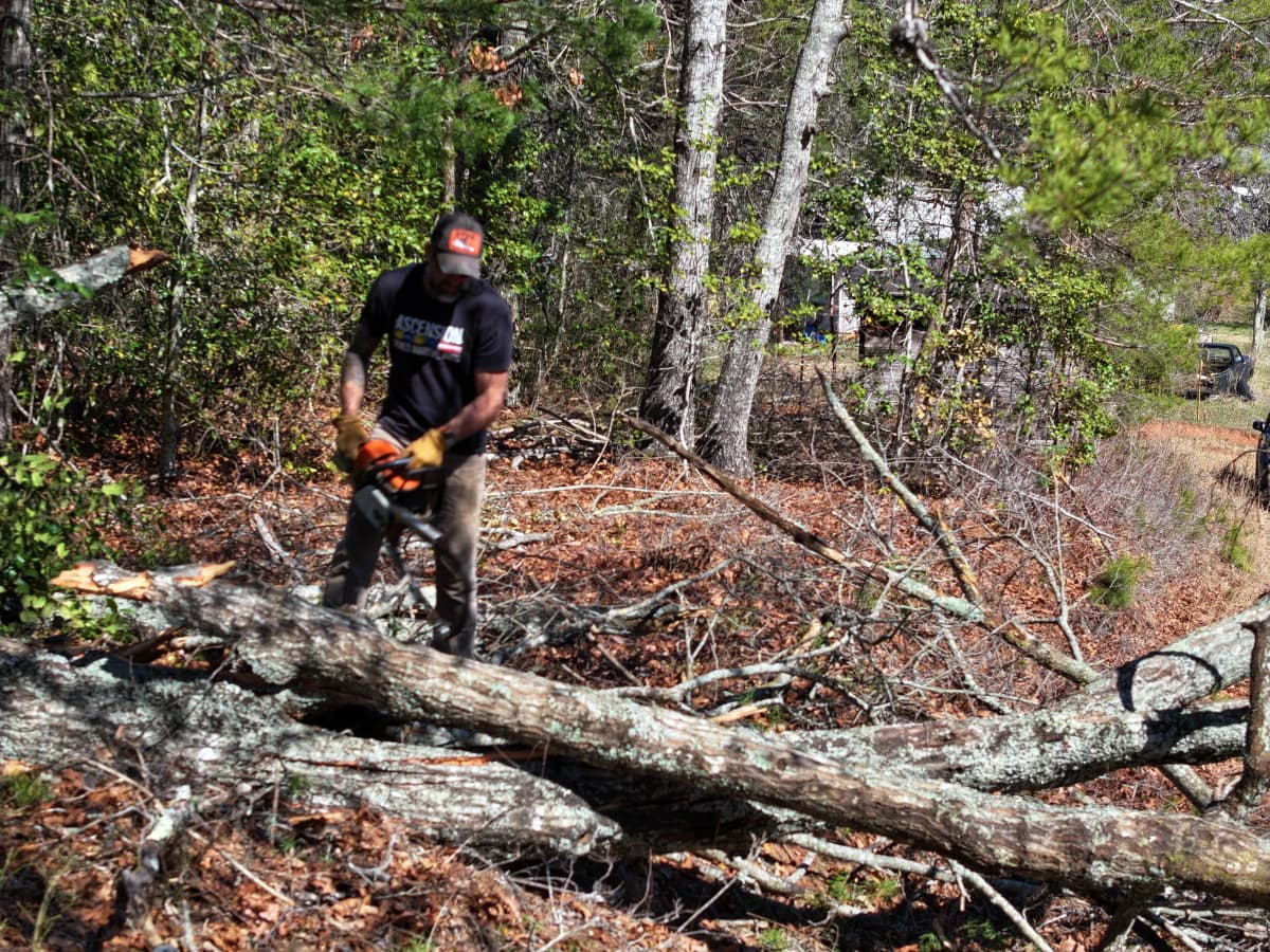 Crew member cutting fallen timber with a chainsaw during land clearing